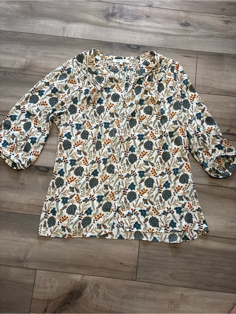 Rose + Olive Ivory Floral Blouse 3/4 Sleeve Split Neck 1X